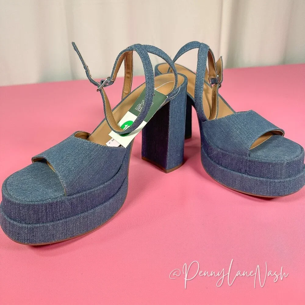 Wild Fable Chunky Block High Heels Denim Sandal Size10 Blue - Picture 5 of 11